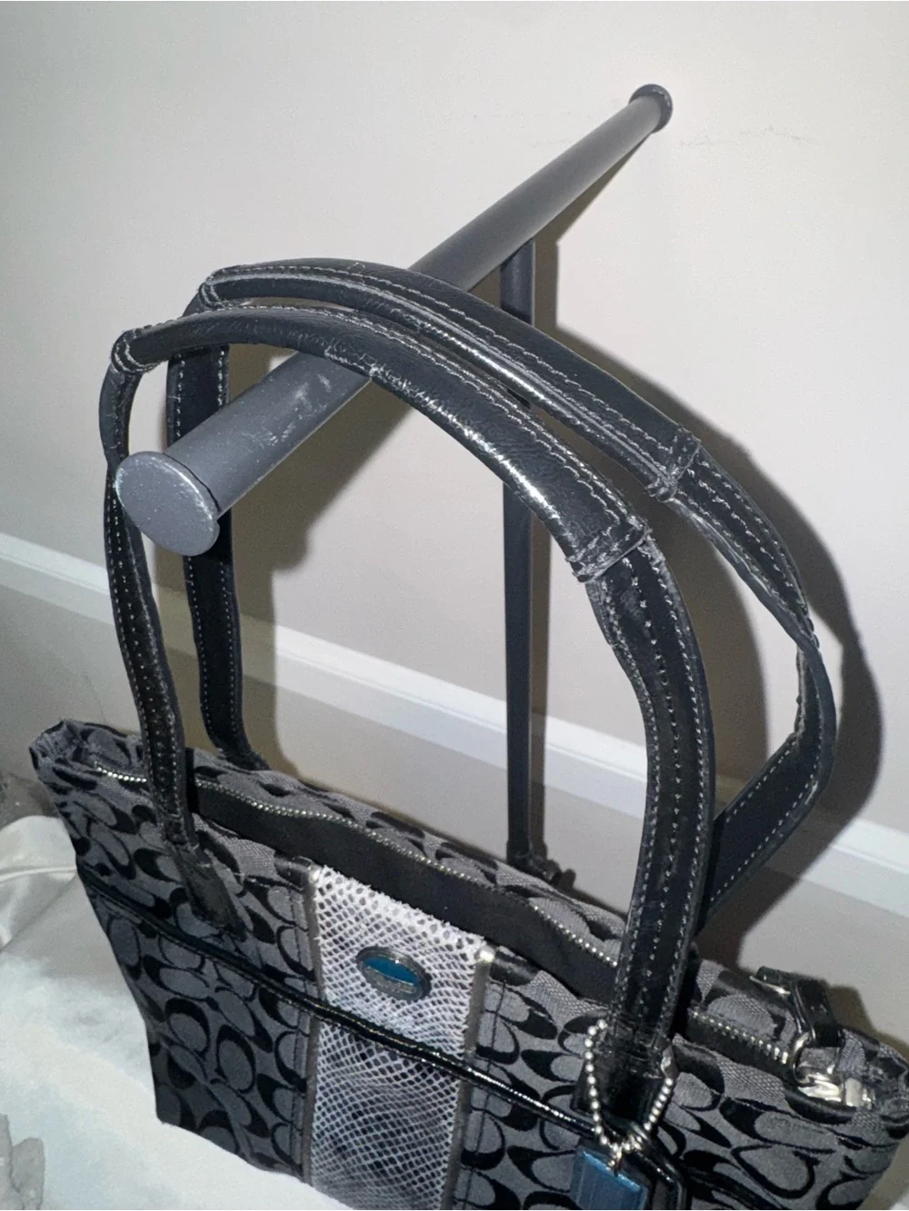 Coach Gray and Black Signature Tote with Blue Accent